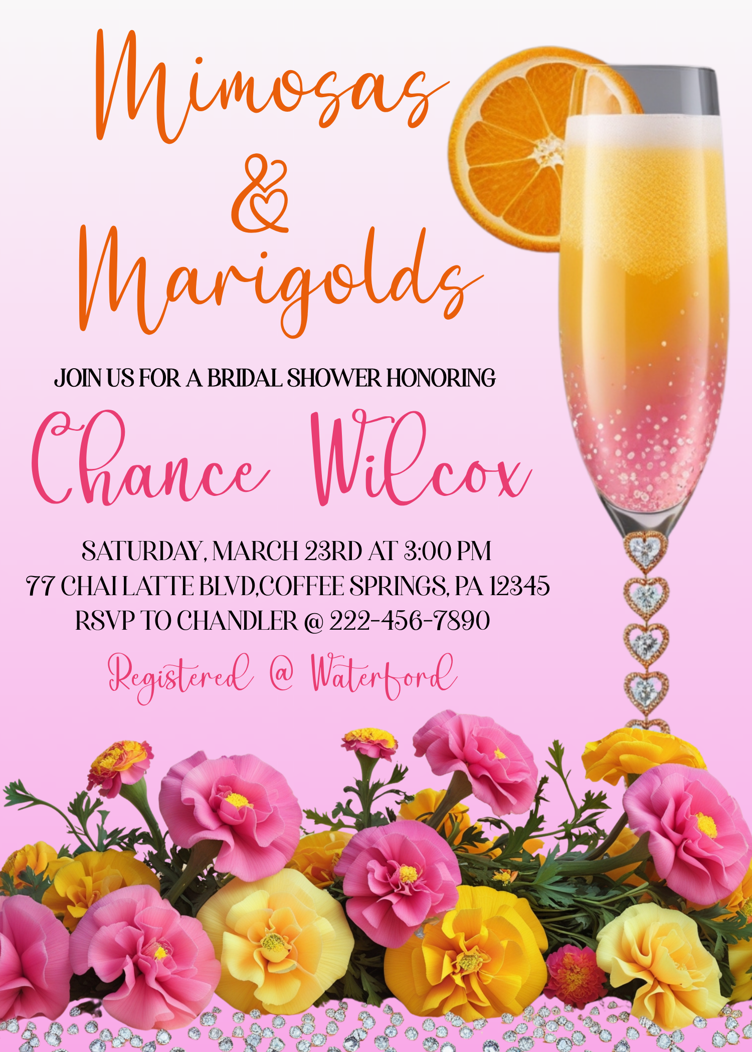 Mimosas & Marigolds Bridal Shower Invitation editable through CORJL - digital product