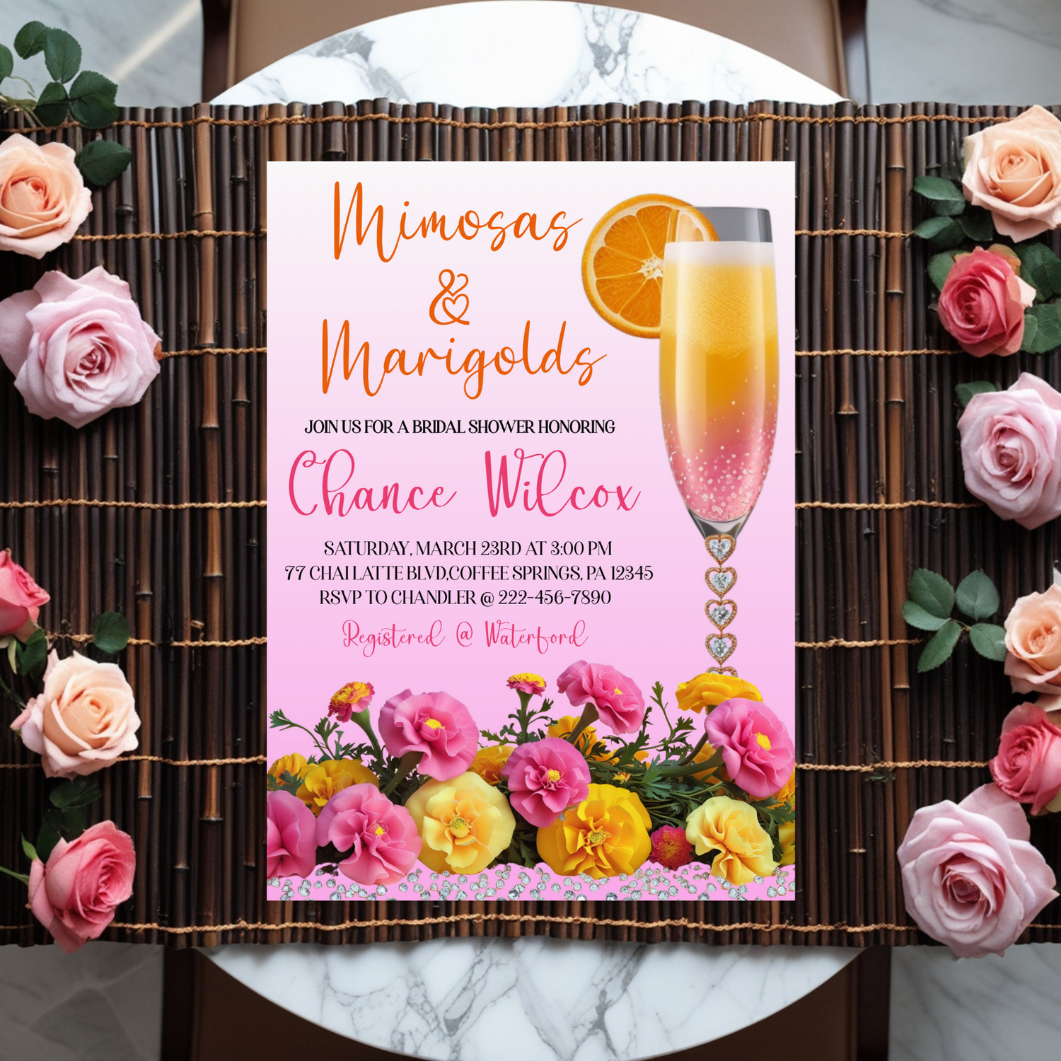 Mimosas & Marigolds Bridal Shower Invitation editable through CORJL - digital product